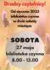 Biblioteka otwarta w sobotę 27 maja 2023r.